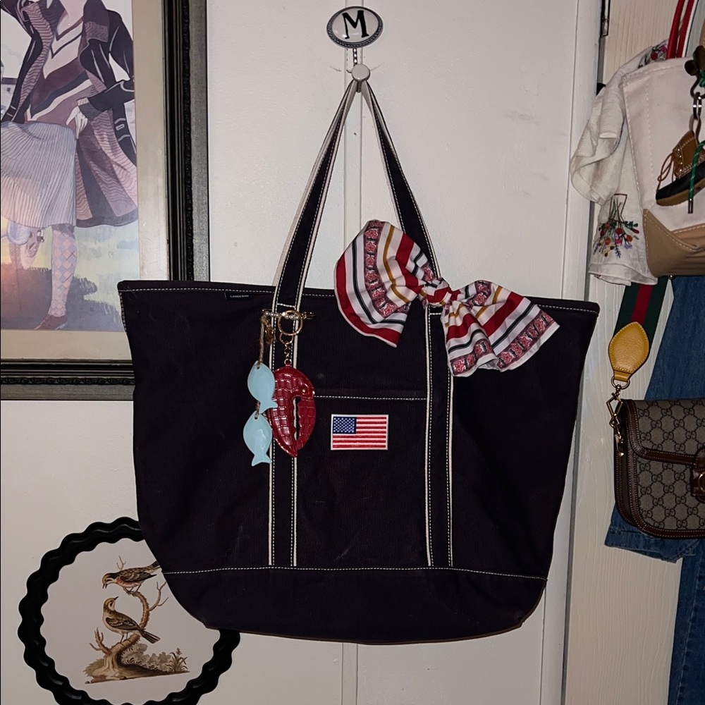 Lands' End Black Canvas Tote with American Flag Patch and Red Stripe Scarf